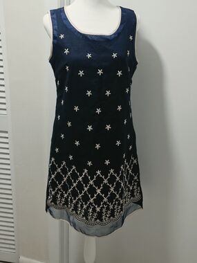 Sweet Miss Linen Cotton Navy Blue Sheath Dress Contrast Piping Size S